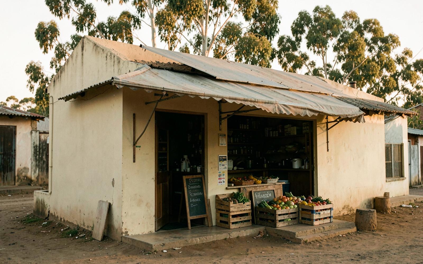 Fachada do armazém, com toldo e caixas de produtos na entrada